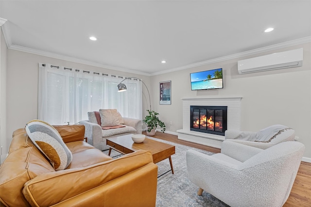 112 Edgehill Dr, Wappingers Falls, NY 12590 - living room featuring a wall mounted air conditioner, light wood-style floors, crown molding, a glass covered fireplace, and baseboards