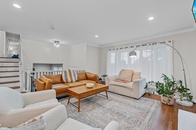 112 Edgehill Dr, Wappingers Falls, NY 12590 - living room with wood finished floors, recessed lighting, and ornamental molding
