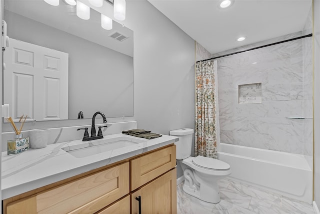 112 Edgehill Dr, Wappingers Falls, NY 12590 - full bath with vanity, toilet, marble look tiles, shower / bath combo with shower curtain, and recessed lighting