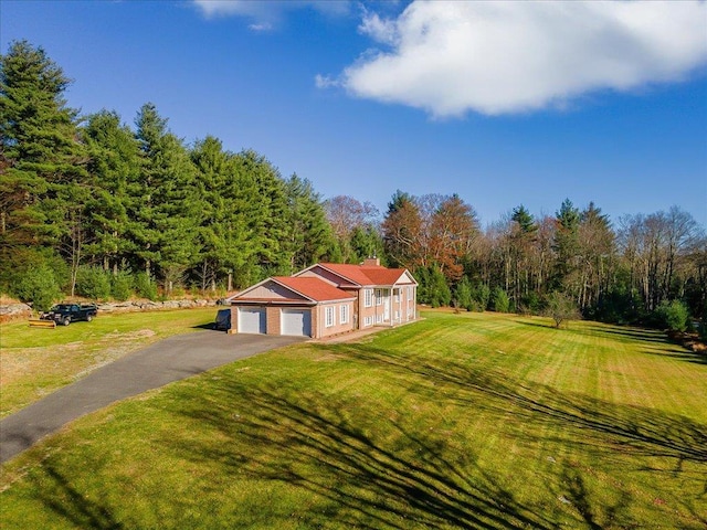 236 Budd Rd, Wurtsboro, NY 12788 - view of front facade with asphalt driveway, a front yard, a chimney, and a forest view