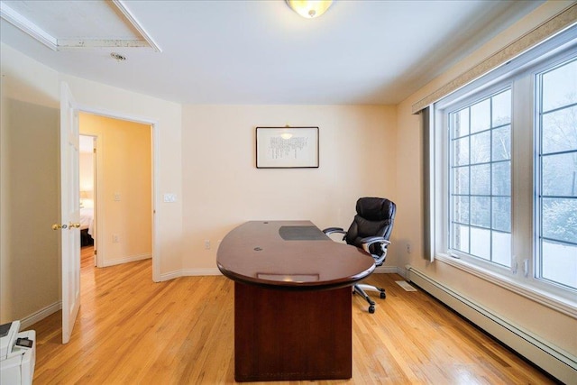 236 Budd Rd, Wurtsboro, NY 12788 - home office featuring a baseboard heating unit, healthy amount of natural light, light wood-style floors, and baseboards