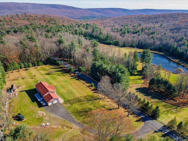 236 Budd Rd, Wurtsboro, NY 12788 - aerial view of property and surrounding area featuring a heavily wooded area and a water and mountain view