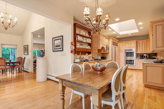 1314 Everit Pl, Hewlett Harbor, NY 11557 - dining room featuring a chandelier, light wood-style floors, a baseboard radiator, recessed lighting, and a skylight