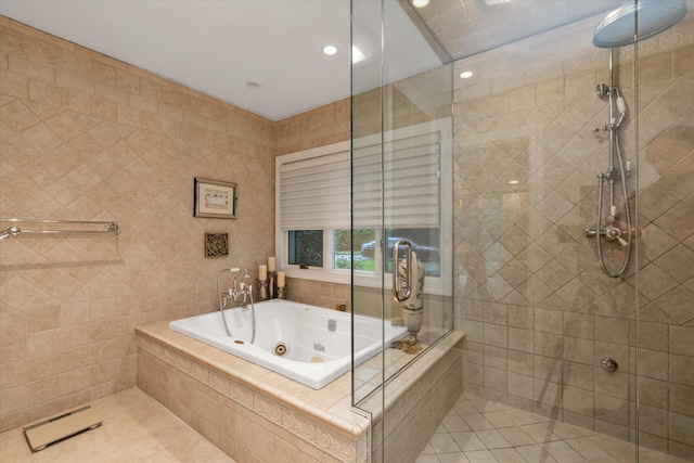 1314 Everit Pl, Hewlett Harbor, NY 11557 - full bathroom featuring tiled shower, tile patterned flooring, a tub with jets, tile walls, and recessed lighting