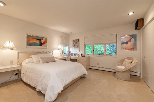 1314 Everit Pl, Hewlett Harbor, NY 11557 - bedroom with light carpet, a baseboard radiator, and recessed lighting