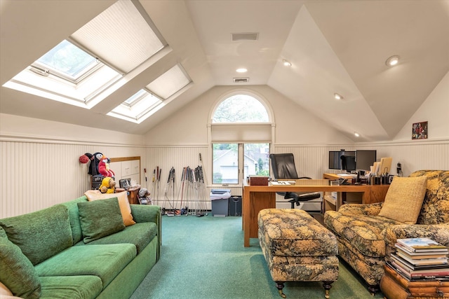 1314 Everit Pl, Hewlett Harbor, NY 11557 - carpeted office featuring a skylight, vaulted ceiling, and wainscoting
