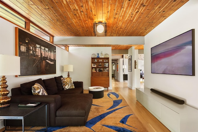 living room featuring wood finished floors and wooden ceiling