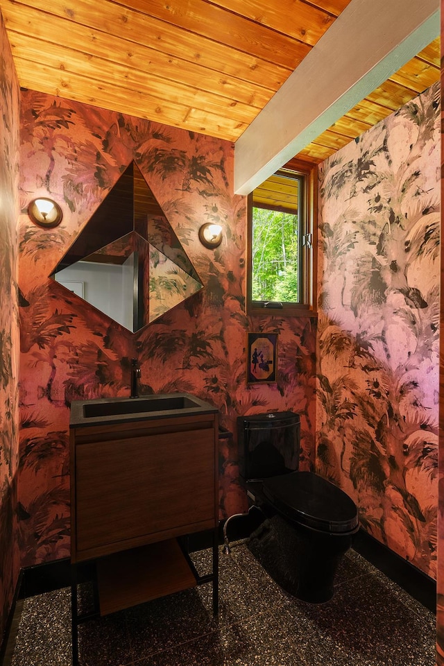 half bathroom with wallpapered walls, wooden ceiling, vanity, toilet, and a wood stove