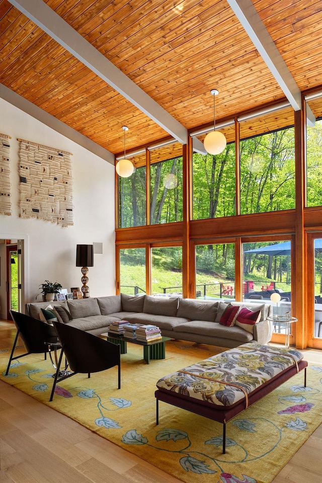 living room with high vaulted ceiling, beam ceiling, wood finished floors, and wood ceiling