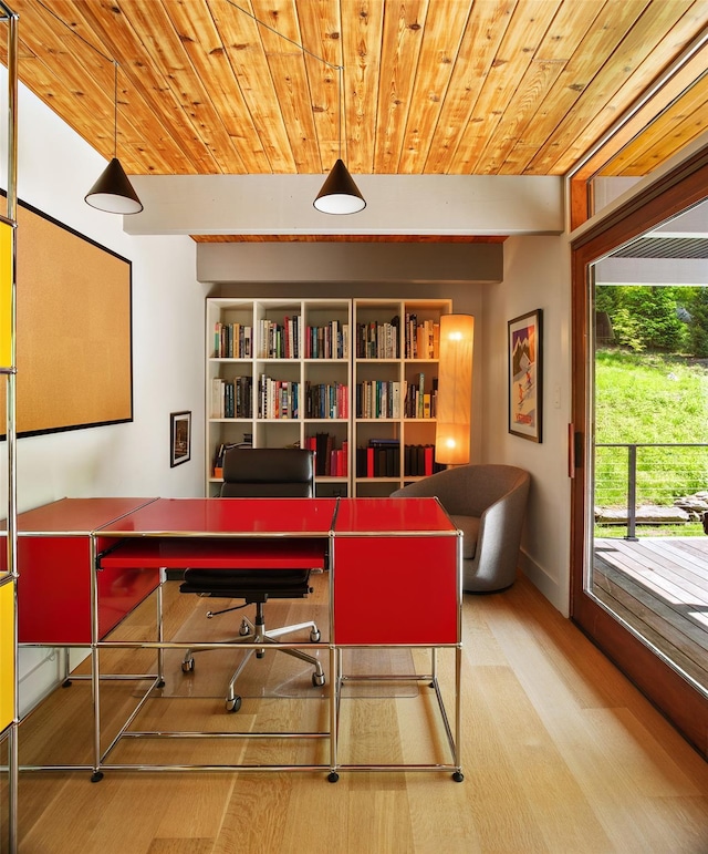 office area with wooden ceiling and wood finished floors