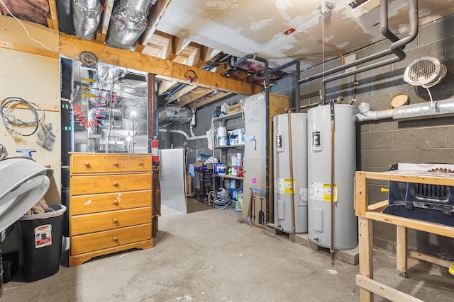 unfinished below grade area featuring water heater and concrete block wall
