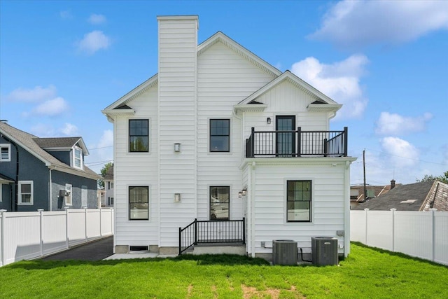 42 Second St, Extension, Glen Cove, NY 11542 - rear view of property with a balcony, cooling unit, and a chimney