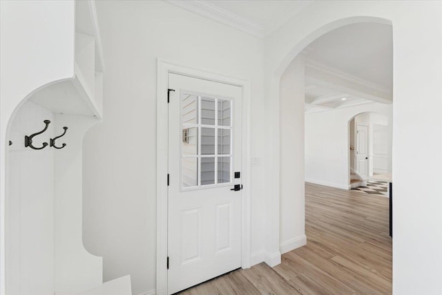 42 Second St, Extension, Glen Cove, NY 11542 - mudroom with arched walkways, light wood-type flooring, crown molding, and baseboards