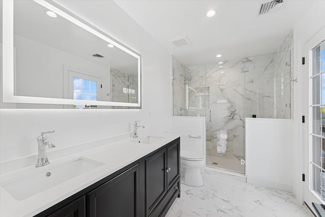 42 Second St, Extension, Glen Cove, NY 11542 - full bathroom with toilet, recessed lighting, a marble finish shower, marble look tile flooring, and double vanity