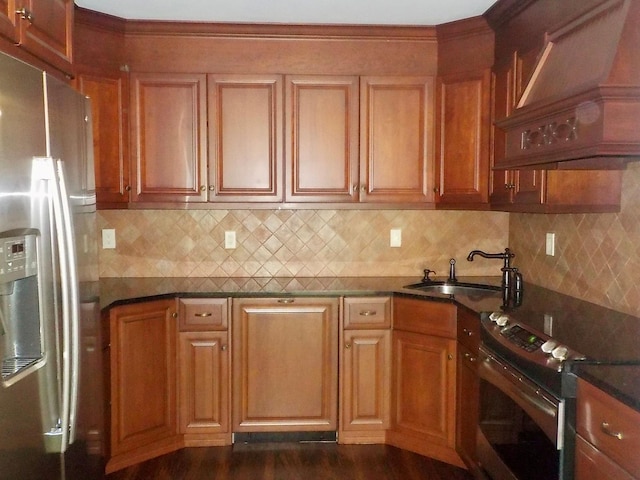 808 Woodland Ct, Coram, NY 11727 - kitchen featuring appliances with stainless steel finishes, custom range hood, a sink, tasteful backsplash, and dark countertops