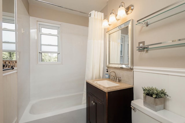 251-12 71st Rd Unit 29B, Bellerose, NY 11426 - full bath featuring shower / bath combination with curtain, toilet, vanity, and wainscoting