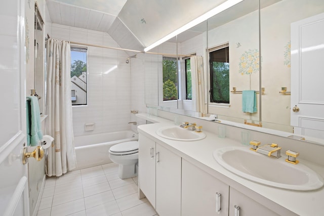 5 Ponds Ln, Purchase, NY 10577 - full bath with shower / bathtub combination with curtain, tile patterned flooring, double vanity, and plenty of natural light