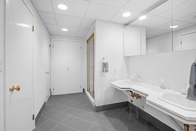 5 Ponds Ln, Purchase, NY 10577 - bathroom featuring recessed lighting, tile patterned floors, a paneled ceiling, a stall shower, and double vanity