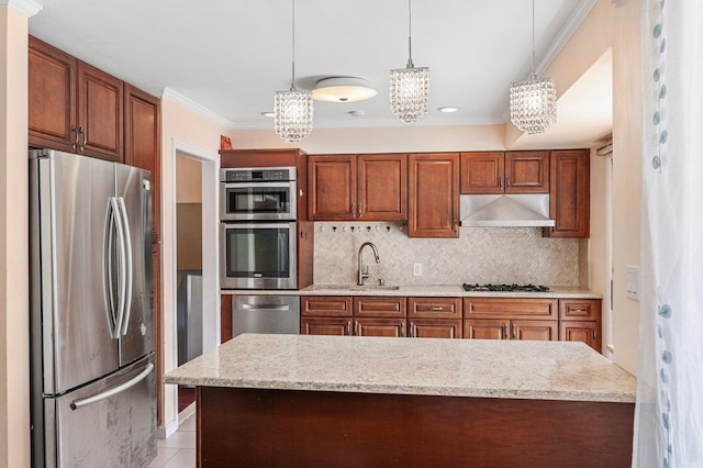 42 Macarthur Ave, Plainview, NY 11803 - kitchen featuring stainless steel appliances, under cabinet range hood, a sink, decorative backsplash, and brown cabinetry