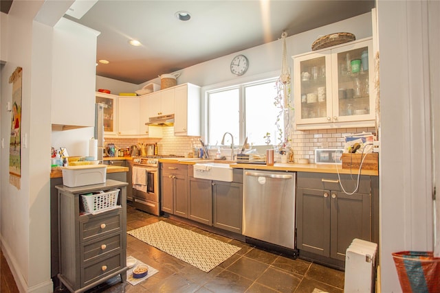 445 W Walnut St, Long Beach, NY 11561 - kitchen featuring appliances with stainless steel finishes, under cabinet range hood, backsplash, gray cabinets, and a sink