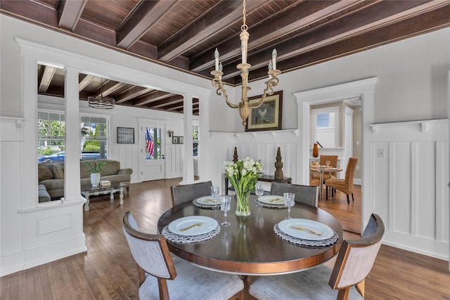46 Mechanic St, Huntington, NY 11743 - dining room featuring a decorative wall, hardwood / wood-style flooring, wooden ceiling with exposed beams, and wainscoting