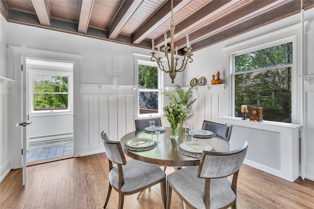 46 Mechanic St, Huntington, NY 11743 - dining area featuring wood ceiling with exposed beams, a chandelier, wood finished floors, wainscoting, and healthy amount of natural light