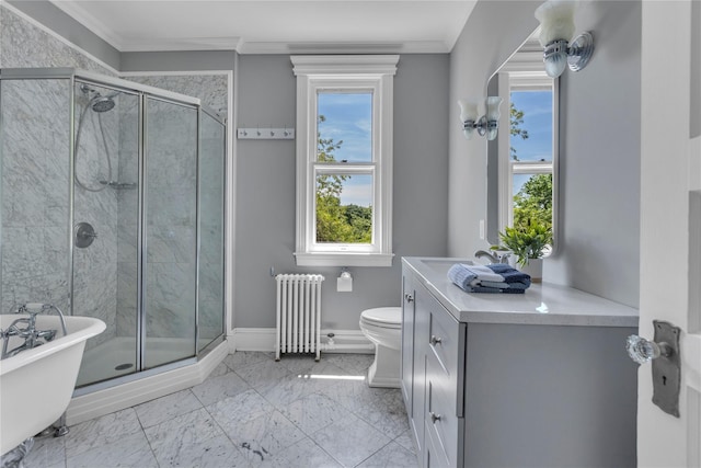 46 Mechanic St, Huntington, NY 11743 - bathroom with radiator heating unit, baseboards, crown molding, and healthy amount of natural light