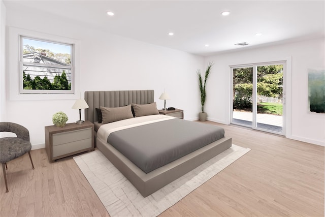 4 Pine Tree Ct, East Quogue, NY 11942 - bedroom with access to exterior, multiple windows, baseboards, light wood-type flooring, and recessed lighting