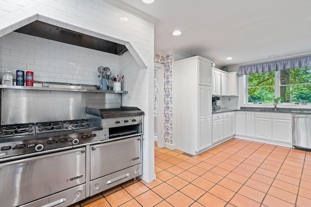 kitchen with white cabinets, light tile patterned floors, a sink, stainless steel dishwasher, and decorative backsplash