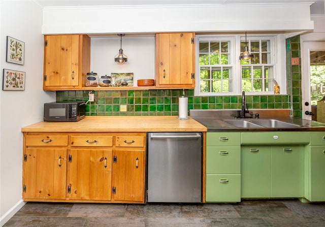 110 Sherwood Hill Rd, Brewster, NY 10509 - kitchen with stainless steel dishwasher, black microwave, a sink, decorative backsplash, and open shelves
