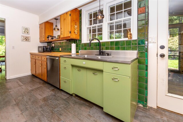 110 Sherwood Hill Rd, Brewster, NY 10509 - kitchen with stainless steel counters, dishwasher, a sink, decorative backsplash, and healthy amount of natural light