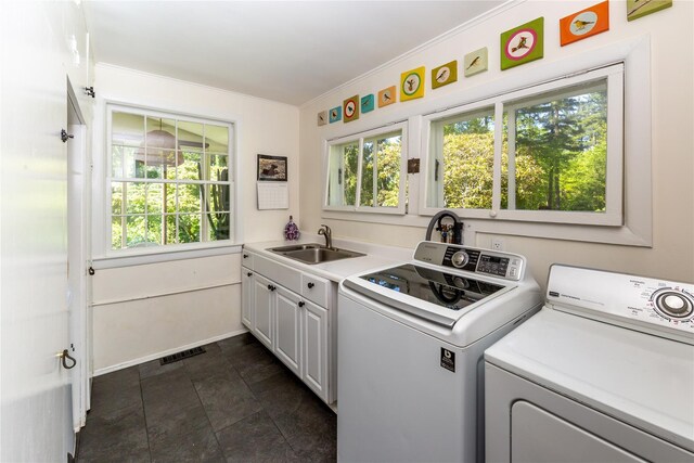 110 Sherwood Hill Rd, Brewster, NY 10509 - clothes washing area featuring cabinet space, washing machine and dryer, crown molding, and baseboards