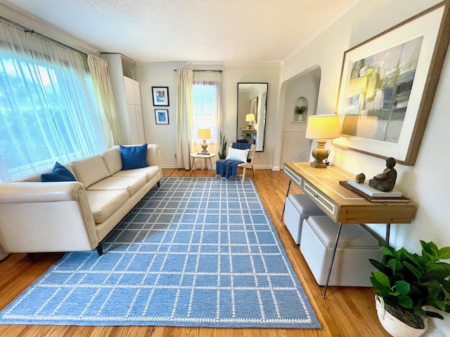 living room with arched walkways, wood finished floors, ornamental molding, and baseboards
