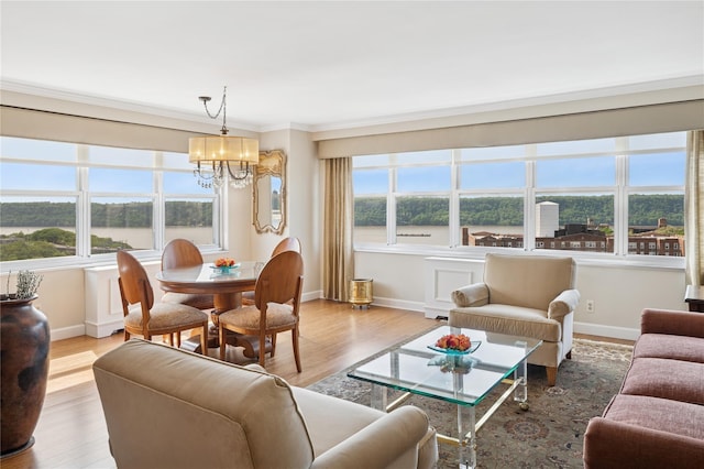 555 Kappock St Unit 20L, Bronx, NY 10463 - living area featuring baseboards, ornamental molding, a chandelier, and light wood-type flooring