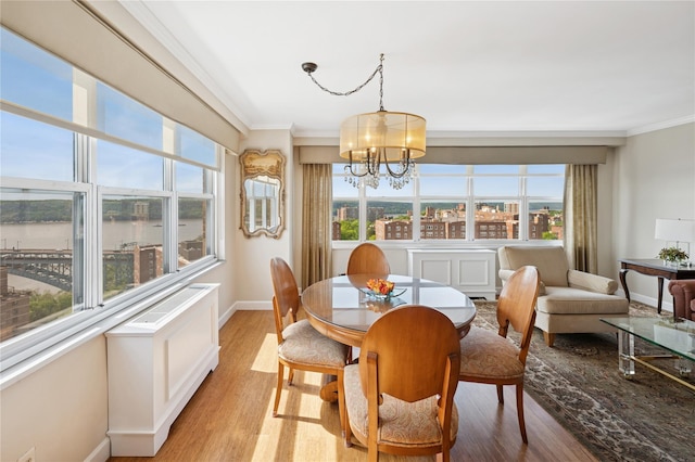555 Kappock St Unit 20L, Bronx, NY 10463 - dining space with a chandelier, baseboards, crown molding, light wood-style floors, and a water view