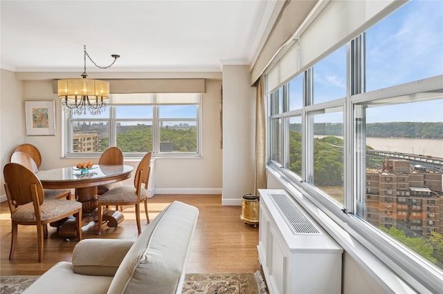 555 Kappock St Unit 20L, Bronx, NY 10463 - dining area featuring baseboards, ornamental molding, light wood-style flooring, and a chandelier