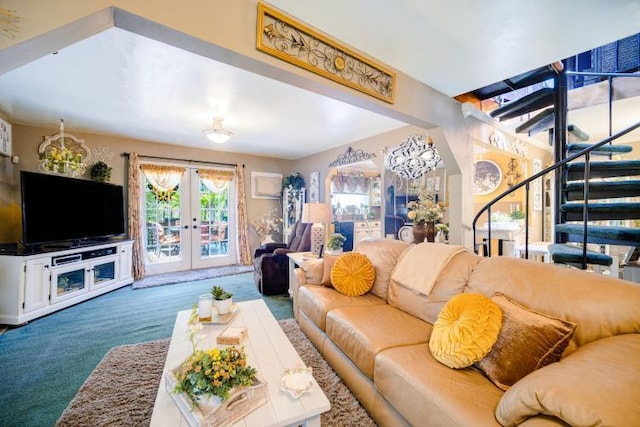 559 Noxon Rd, Poughkeepsie, NY 12603 - living room with stairs, french doors, and carpet flooring