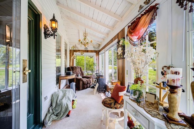 559 Noxon Rd, Poughkeepsie, NY 12603 - sunroom featuring wooden ceiling, carpet flooring, and a chandelier