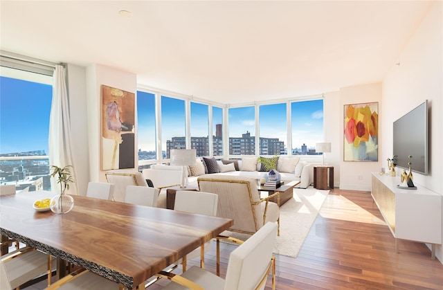 dining room with a wall of windows, light wood-style floors, and healthy amount of natural light