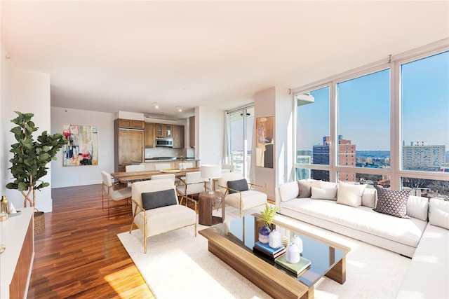 living room with dark wood-style flooring, a wall of windows, a view of city, and baseboards