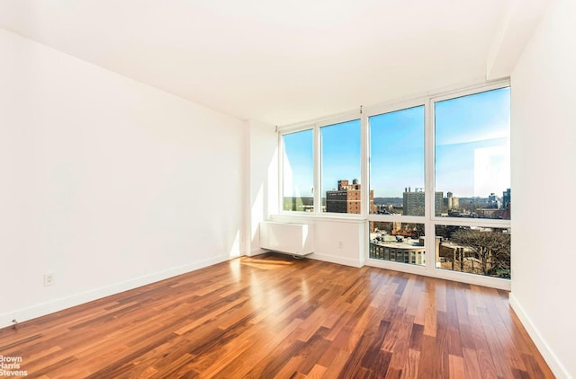 empty room with wood finished floors, baseboards, a view of city, and a wall of windows