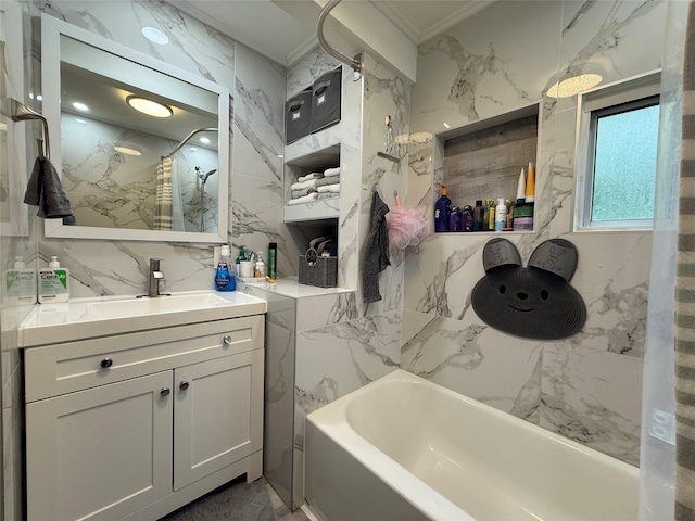 11 Glendale Rd, Greenwood Lake, NY 10925 - full bath featuring crown molding, a tub, tile walls, a shower, and vanity