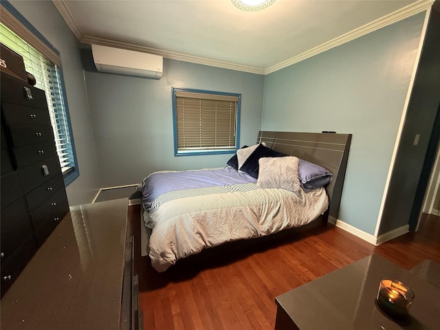 11 Glendale Rd, Greenwood Lake, NY 10925 - bedroom featuring an AC wall unit, wood finished floors, ornamental molding, and baseboards