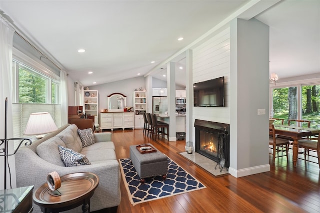 17 Kingswood Way, South Salem, NY 10590 - living room featuring wood finished floors, lofted ceiling, a large fireplace, baseboards, and recessed lighting