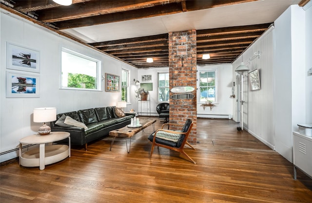3 York St, Beacon, NY 12508 - living room with baseboard heating, wood-type flooring, and beam ceiling