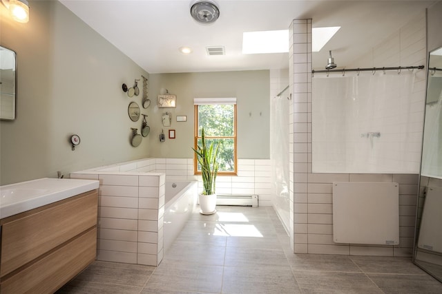 3 York St, Beacon, NY 12508 - full bathroom with tile walls, a baseboard heating unit, vanity, a shower with shower curtain, and a bath