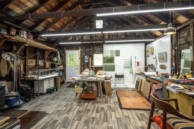 3 York St, Beacon, NY 12508 - miscellaneous room with wood finished floors, vaulted ceiling, a workshop area, and wood ceiling