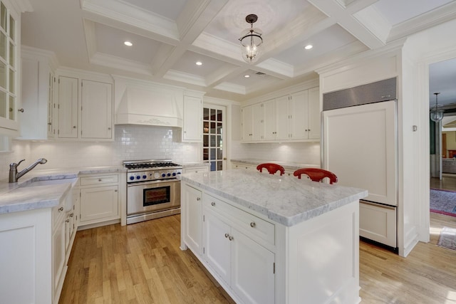 kitchen featuring premium appliances, custom exhaust hood, a sink, backsplash, and light wood finished floors