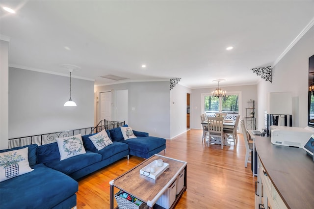 living area featuring ornamental molding, light wood finished floors, a chandelier, recessed lighting, and baseboards