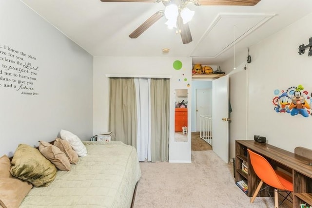 17 Bayview Ct, Inwood, NY 11096 - bedroom with attic access, light carpet, and a ceiling fan